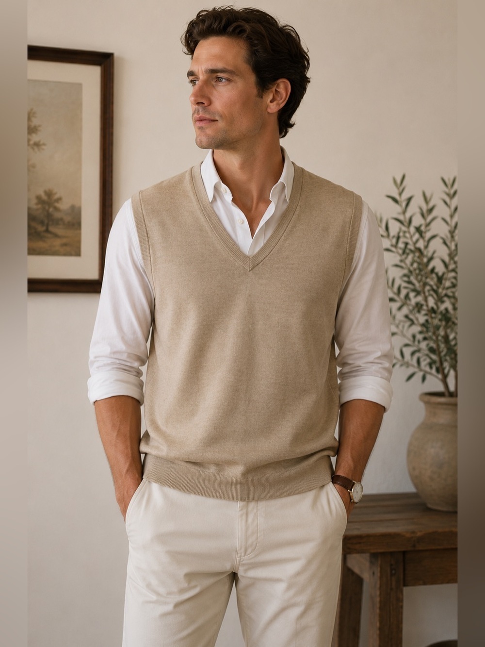Ashworth Men's Beige V-Neck Golf Knit Sweater Vest Size L Mercerized Cotton